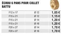 écrou 6 pans pour collet  battu  f12 x 17  f15x21  f15 x 21  f15 x 21  f20 x 27  f20 x 27  012  ø 12  0 14  016  014  ø 16  1,05   1,15   1,20   1,20   1,70   1,70 