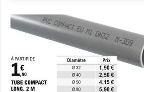 À PARTIR DE  1.  ,90  TUBE COMPACT LONG. 2 M  PVC COMPACT EU MI DN32 M-309  Diamètre  Ø 32  Ø40  Ø 50  Ø 80  Prix  1,90   2,50   4,15   5,90 