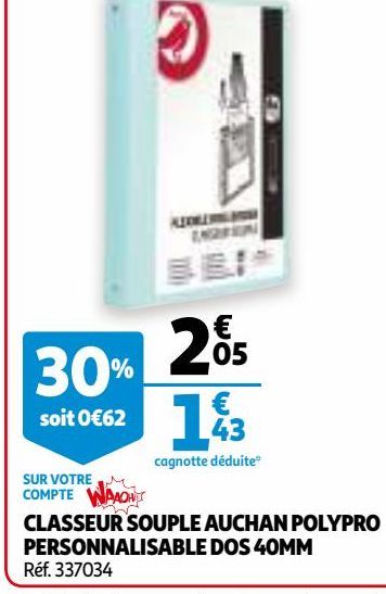 CLASSEUR SOUPLE AUCHAN POLYPRO PERSONNALISABLE DOS 40MM