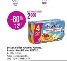 -60% 25  LE  Autres variétés disponibles Le kg: 5648-L'unité: 2685  SOIT PAR 2 L'UNITÉ:  2000  Dessert fruitier NaturNes Pommes, Bananes Dès 4/6 mois NESTLE 4x 130 g (520g)  Nebe  4 NaturNes  Pommes,