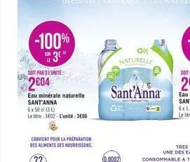 -100%  3  le  soit par 3 lunite:  2004  eau minérale naturelle sant'anna  6 x 50 cl (31)  le litre : 1602 l'unité: 3606  convient pour la preparation des aliments des nourrissons.  naturelle  sant'ann