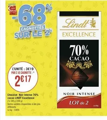 a  l'unité: 319  par 2 je cagnotte:"  217  68%  cagnottes  sur le 2  chocolat noir intense 70%  cacao lindt excellence  2 x 100 g (200 g)  autres variétés disponibles à des prix différents  lekg: 15
