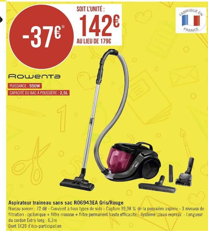 aspirateur traineau sans sac R06943EA Gris/Rouge