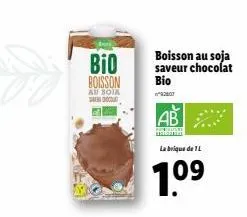 bio boisson  ab soia sendhoodat  boisson au soja saveur chocolat  bio  n°92807  la brique de 1l  10?