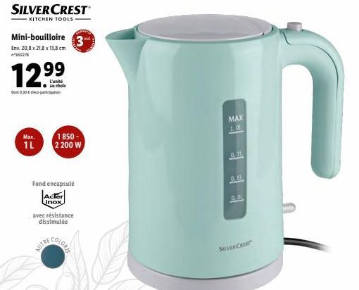 SILVERCREST  KITCHEN TOOLS- Mini-bouilloire 3  Env. 20,8x21,8 x 13,8 cm  12.9??9?  auchola  Dont 0,30 pariation  Max.  1L  1850-2 200 W  Fond encapsulé  Acter inox  avec résistance dissimulée  MAX 1.