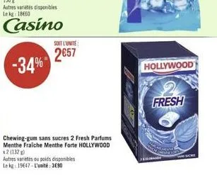 autres variétés disponibles lekg: 18660  casino  -34%  soit l'unité  2657  chewing-gum sans sucres 2 fresh parfums menthe fraiche menthe forte hollywood x2 (132)  autres variétés ou poids disponibles