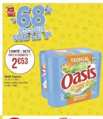 68  CAGNOTTES  SUR LE 2  L'UNITÉ: 372 PAR 2 JE CAGNOTTE:"  253  OASIS Tropical 6x33 cl (1981)  Autres variétés disponibles Letre: 188  06  TROPICAL  63  Oasis  SN  ALA  SANS  Aunty KETIGA