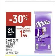 -30%  SOIT APRES REMISE UNITE  205  L'UNITE  CHOCOLAT  AU LAIT MILKA 200 g Le kg: 7€20  Milka 