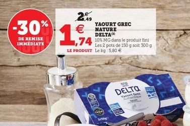 -30%  DE REMISE  IMMÉDIATE  2,9  NATURE  DELTA  YAOURT GREC  1,94  Les 2 pots de 150 g soit 300 g LE PRODUIT Le kg 5,80   taste  by  DELTA  Gre  untert  DOWN