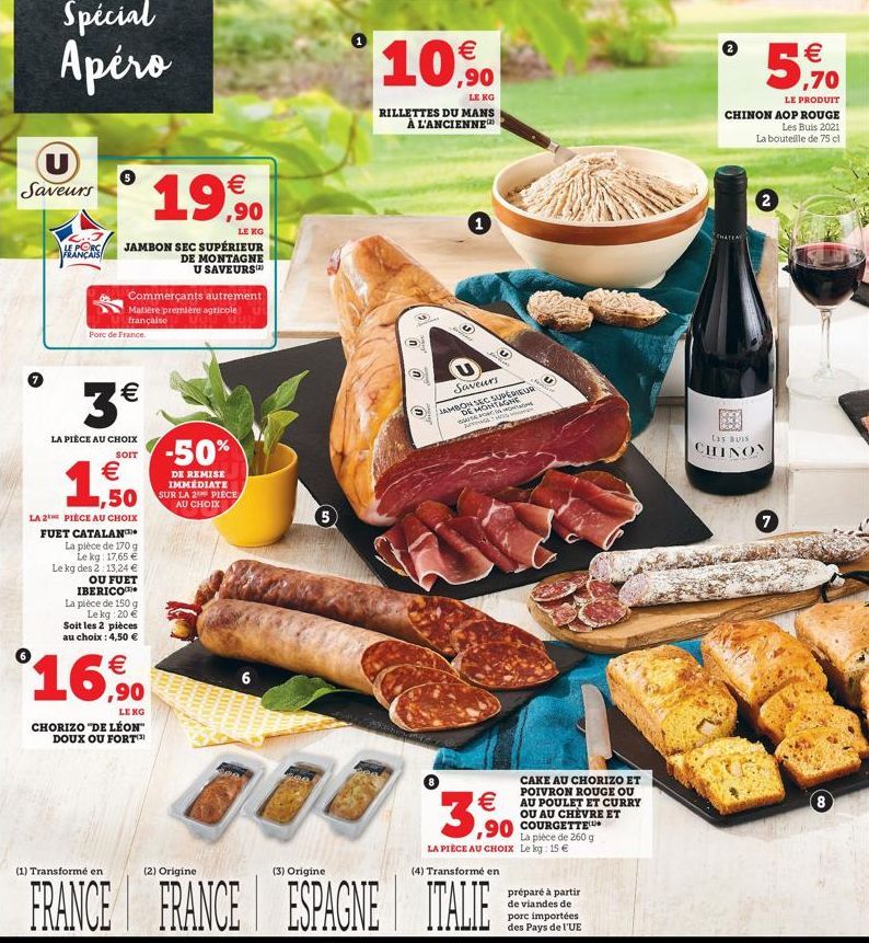 Spécial Apéro  U Saveurs  LE PORC FRANÇAIS  19,90  JAMBON SEC SUPÉRIEUR  DE MONTAGNE U SAVEURS(2)  Commerçants autrement Matière première agricole française  Porc de France  3  LA PIÈCE AU CHOIX  SOI