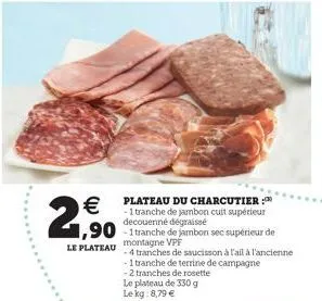   2,90  plateau du charcutier:00 -1 tranche de jambon cuit supérieur decouenné dégraissé  of  -4 tranches de saucisson à l'ail à l'ancienne -1 tranche de terrine de campagne  -2 tranches de rosette