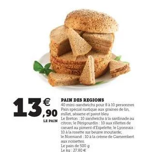 13  90 millet, sésame et pavot bleu  le pain  pain des regions  40 mini-sandwichs pour 8 à 10 personnes pain spécial rustique aux graines de lin  le breton: 10 sandwichs à la sardinade au citron; le