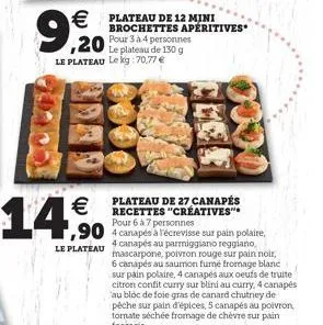  plateau de 12 mini ,20 à 4 le plateau de 130 g  9  le plateau le ky: 70,77   14%  brochettes apéritives  plateau de 27 canapés recettes "creatives" pour 6 à 7 personnes  ,90 4 canapés à técrevisse