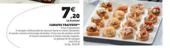 canapes traiteur**  pour 4 personnes  4 canapés chiffonnade de saumon fumé et crème ciboulette,  4 tomate-chorizo et fromage de brebis, 4 à la noix de jambon séché et beurre moutarde et 4 chèvre tomat