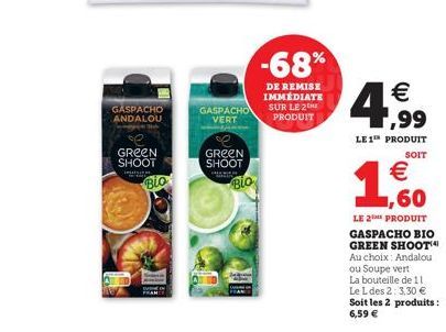 GASPACHO ANDALOU  GREEN  SHOOT  Bio  GASPACHO VERT  GREEN  SHOOT  -68%  DE REMISE IMMÉDIATE SUR LE 2 PRODUIT  1  4,99    LE1TH PRODUIT  SOIT    ,60  LE 2 PRODUIT GASPACHO BIO GREEN SHOOT(4) Au choix