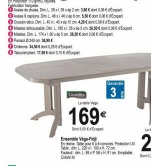 Chilienne 34,50  dont 0,25  d'Ecopart Tabouret plant. 17,50  dont 0,10  d'Ecopart  Grosfillex  Garantie  3  La table Vega  169  Dont 3,50  d'Ecopart  Ensemble Véga-Fidji  En résine Table pour 6