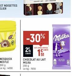 -  -30% milka  SOIT APRES REMISE CUTE  295  L'UNITÉ  CHOCOLAT AU LAIT MILKA  200 g Le kg: 7€55  FED  Jad  P 