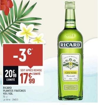 70 0  Le  20%9 1799  L'UNITÉ  RICARD PLANTES FRAICHES 45% VOL.  -3  litre 2570  SOIT APRES REMISE L'UNITÉ  RICARD  RICARD  1932  PLANTES FRES