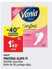 maxi  -40**  de remise immediate  143  lab  vania  protège-slips variétés assorties. boîte de 56 protège-slips.  vania  confort
