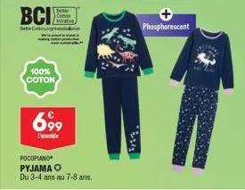 bci  bebecorgan  100% coton  feder cotton  69?9  pocopiano  pyjama du 3-4 ans au 7-8 ans.  phosphorescent