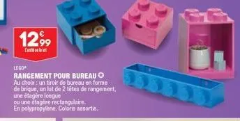 12,99  l'  lego®  rangement pour bureau au choix: un tiroir de bureau en forme de brique, un lot de 2 têtes de rangement, une étagère longue  ou une étagère rectangulaire.  en polypropylene. coloris a