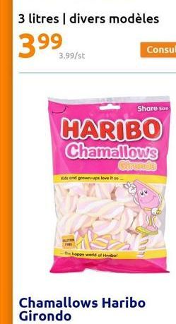 3.99/st  HARIBO Chamallows  Kids and grown-ups love it so  AUTON  happy world of Herbol  Share Size  Gtranda