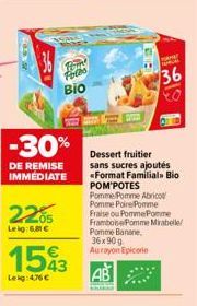 -30%  DE REMISE IMMEDIATE  2205  Leig: 6,81   1543  Lekg: 4,76   Tom Fotos Bio  Dessert fruitier sans sucres ajoutés *Format Familial» Bio POM'POTES Pomme Pomme Abrico Pomme Poire Pomme Fraise ou Po