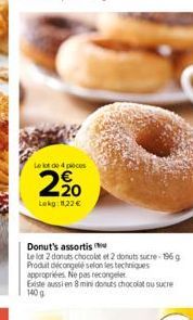 Le lot de 4 pieces  2,?0  Lekg: 11,22   Donut's assortis  Le lot 2 donuts chocolat et 2 donuts sucre-196 g Produit décongelé selon les techniques appropriées. Ne pas recongeler  Existe aussi en 8 min