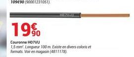 INAU  19%  Couronne H07VU  1,5mm Longueur 100 m. Existe en divers coloris et formats. Voir en magasin (4811178)