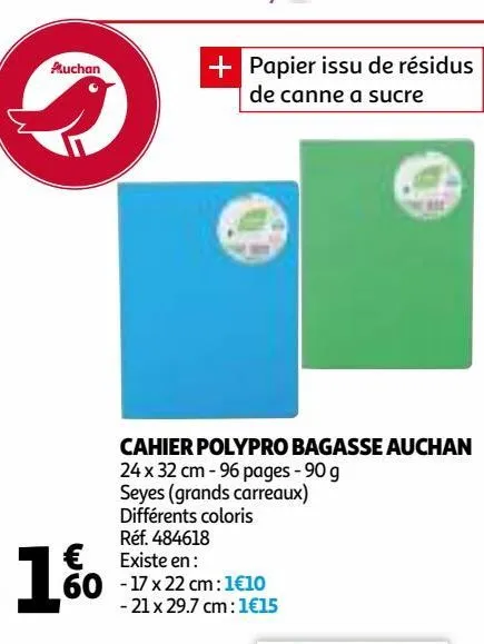 cahier polypro bagasse auchan 