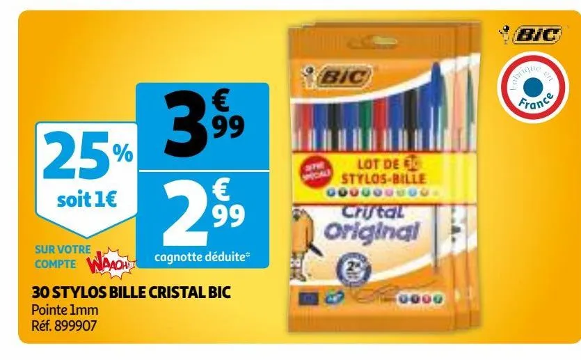 30 stylos bille cristal bic