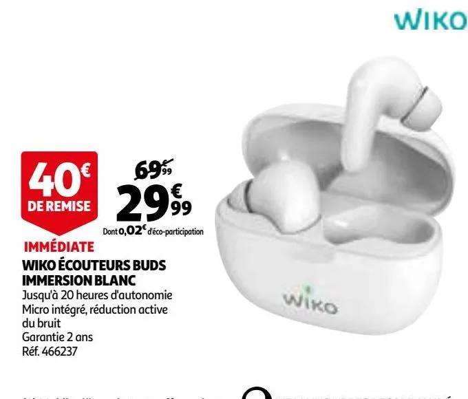wiko écouteurs buds immersion blanc 