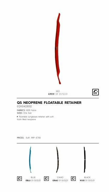 qs neoprene floatable retainer eqyea03002  fabrics: 100% nylon  sizes: one size  floatable sunglasses retainer with soft toom med neoprene  prices: eur rrp 700  &  red ared di 01/12/21  | ||  blue  e