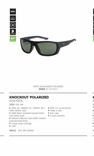 sta NEW  MATTE BLACK/GREEN POLARIZED XKGG DI 01/12/21  KNOCKOUT POLARIZED  EQYEYO3176  SIZES: One Size  ? LENS: 52 / BRIDGE: 19/ TEMPLE 122/100% UV sun protection LENS HEIGHT: 368 Made in toly  G850 R