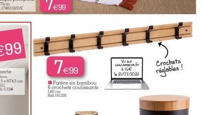 7.99  Patère en bambou 6 crochets coulissants  L60 cm Red.181296  Vu sur  wazon.fr à 16 21/07/2022  A  Crochets réglables !