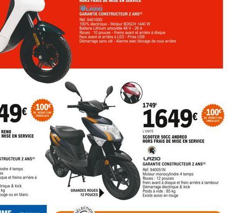 -100  REDICTION ESTATE  eLAZIO  GARANTIE CONSTRUCTEUR 2 ANS  GRANDES ROUES  12 POUCES  Ref 9401000  100% électrique - Moteur BOSCH 1440 W  Batterie Lithium amovible 48 V-26 A  Roues: 10 pouces-Freins