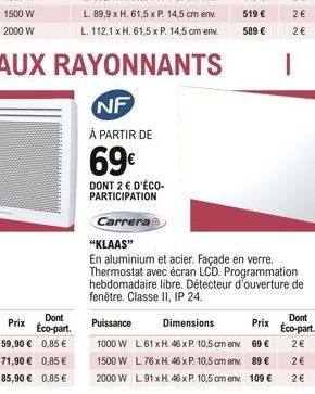 Dont Eco-part.  0,85   0,85  0,85   NF  À PARTIR DE  69  DONT 2  D'ÉCO-PARTICIPATION  Carrera  Puissance 1000 W 1500 W 2000 W  Dimensions  Prix L 61 x H. 46 x P. 10,5 cm env. 69  L76xH 46 x P. 1