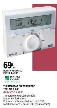 1234567  10:28 19.52  int.o  deltia  ,90 dont 0,02  d'éco-participation  delta dore  smart is the new power  thermostat électronique "deltia 8.00"  garantie 3 ans*  1 programme personnalisable. modes