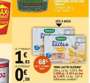 le 1" produit  1.63    offre saisonnere  le 2" produit  0 59  ,83 -68% sur le 29 produ achete  mini  blédina  cornichons "maille" l'original 380 g. le kg: 4.84   dès 6 mois  blédina  lactés  source