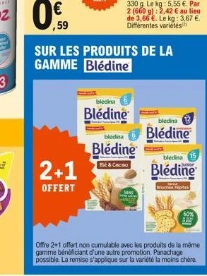 2+1  offert  bledina  blédine  sur les produits de la gamme blédine  bledina  blédine  ble & cacao  sans  bledina 12 blédine  15  bledina  blédine  briochée pepites  60%  offre 2+1 offert non cumulabl