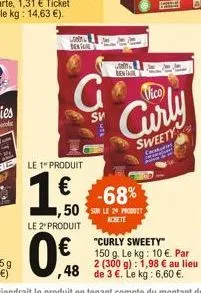 l bent  le 1" produit  1.5.  le 2* produit  g  12  al  -68% 1,50 s l2 p  achete  vico  curly  sweety  red  "curly sweety" 150 g. le kg: 10 . par 2 (300 g): 1,98  au lieu de 3 . le kg: 6,60 .