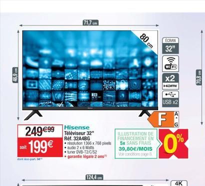 46,9 cm  soit  dont doo-part bet  Hisense  24999 Téléviseur 32 199  71,7cm  Réf. 32A4BG résolution 1366 x 768 pixels   audio 2 x 6 Watts  tuner DVB-T2/C/S2 garantie légale 2 ans  Hon  Intens  ILLUS