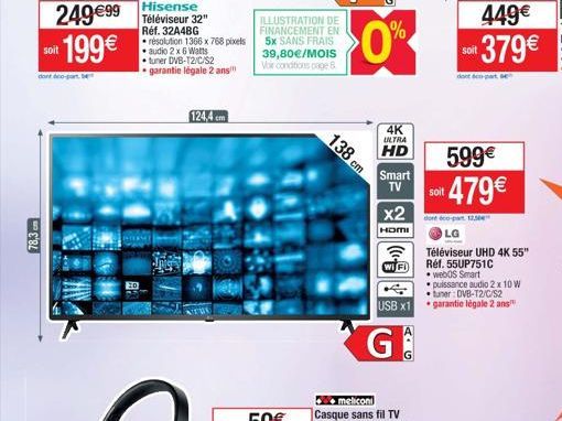 78,3 cm  soit  dont doo-part bet  Hisense  24999 Téléviseur 32 199  Réf. 32A4BG résolution 1366 x 768 pixels   audio 2 x 6 Watts  tuner DVB-T2/C/S2 garantie légale 2 ans  Hon  mera  TOR  ILLUSTRATI