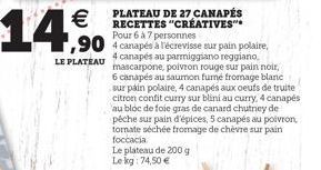 14%  PLATEAU DE 27 CANAPÉS RECETTES "CREATIVES" Pour 6 à 7 personnes  ,90 4 canapés à Técrevisse sur pain polaire,  LE PLATEAU  4 canapés au parmiggiano reggiano, mascarpone, poivron rouge sur pain no