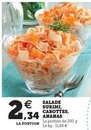 2,934  salade   surimi,  carottes,  1,34 ananas la portion de 200 g la portion lekg: 11,69 