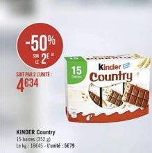 -50%  2  SOIT PAR 2 LUNITE:  4634  KINDER Country 15 bames (352)  Le kg: 1645-L'unité: 579  15  H  Kinder Country