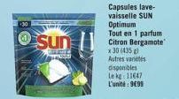 30  Kers  Sun  Capsules lave-vaisselle SUN Optimum Tout en 1 parfum Citron Bergamote  x 30 (435 g)  Autres variés disponibles  le kg: 11647 L'unité: 9499