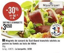 -30%  2?  SOIT PAR 2 LA BARQUETTE:  $350  80g  Le kg: 4375-La barquette: 500  MONTFORT  D Magrets de canard du Sud-Ouest tranchés séchés au poivre ou fumés au bois de hêtre