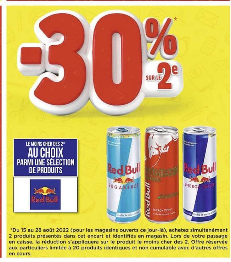 -30% sur le 2e le moins cher des 2 au choix parmi une selection de produits Red Bull