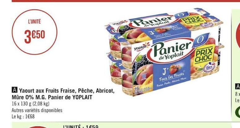 yaourt aux fruits fraise, peche, abricot, mure 0% M.G. Panier de Yoplait
